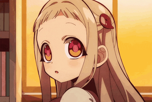 a girl with long blonde hair and red eyes has a red flower in her hair