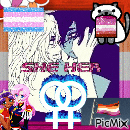 a picture of a girl and a boy with the word she her on it