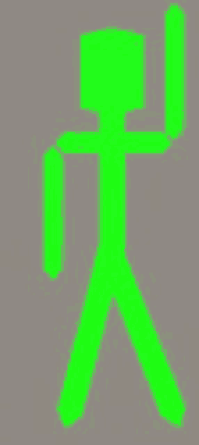a green stick figure is standing on a gray background with a stick in his hand .