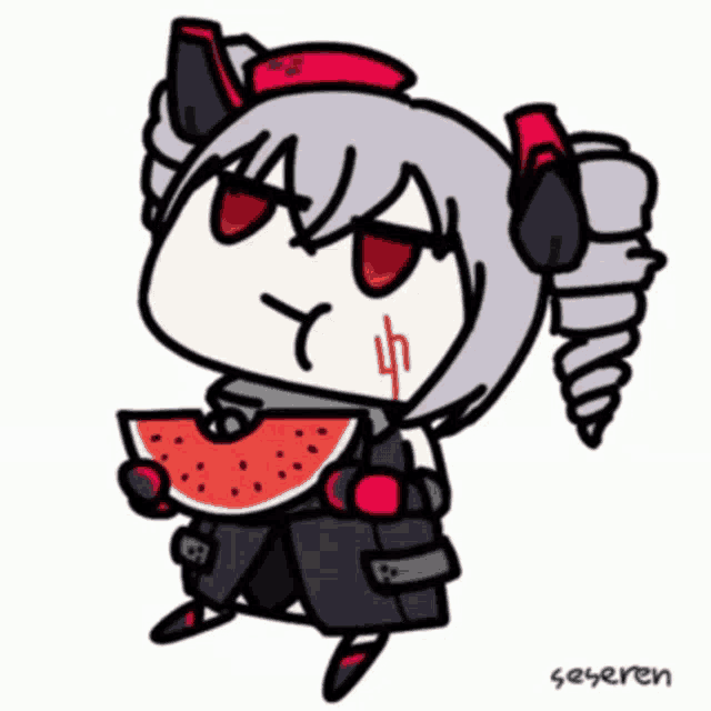 a cartoon girl is holding a slice of watermelon .