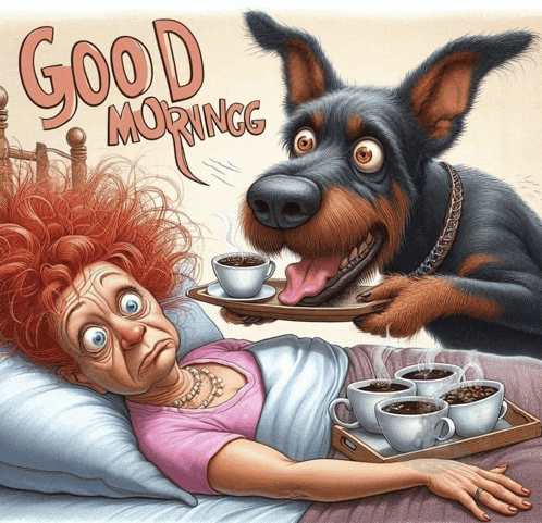 an illustration of a woman laying in bed with a dog holding a tray of coffee