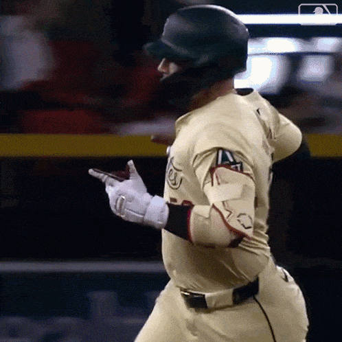 a baseball player wearing a helmet and gloves with the letter a on his shirt