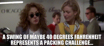 two women standing next to each other with the words " a swing of maybe 40 degrees fahrenheit "