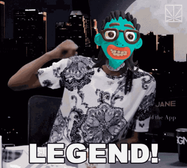 a person with a mask on their face and the word legend in white letters