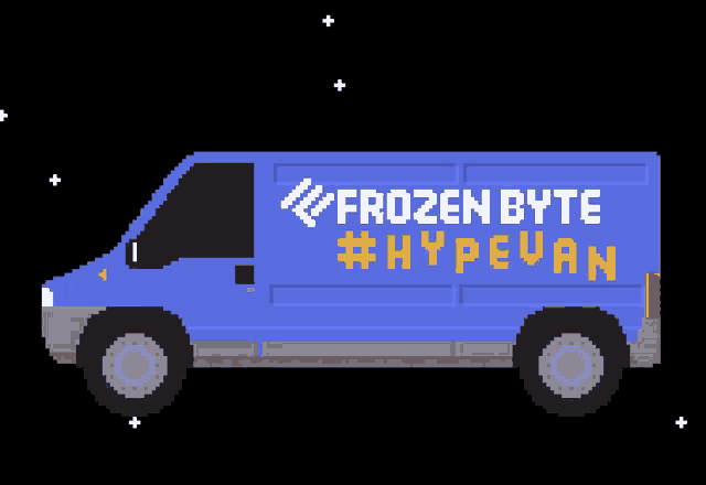 a pixel art of a blue van that says frozen byte # hypevan