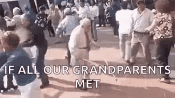 a group of older people are dancing in a crowd .