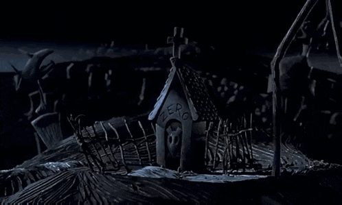 a nightmare before christmas scene with a house in the middle of a cemetery and smoke coming out of the chimney .