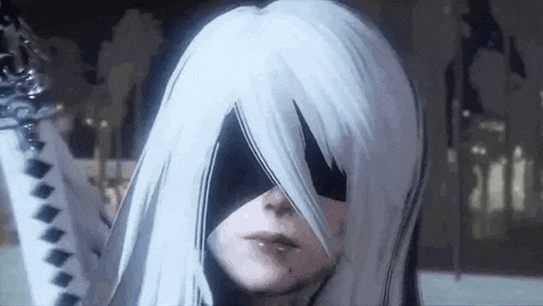 a close up of a person with white hair and a mask on their face in a video game .