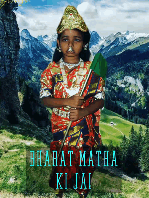 a little girl in a costume with the words bharat matha ki jai below her