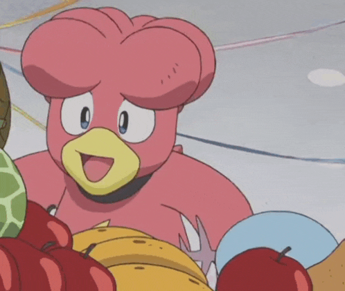 a pink cartoon character with a yellow beak is standing next to a blue cartoon character with a large mouth
