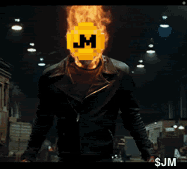 a ghost rider with a jm logo on his head