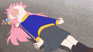 a cartoon of a girl with pink hair laying on the ground with a w on her face