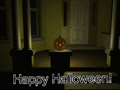 a happy halloween greeting card with a pumpkin on a pedestal