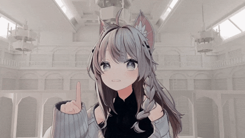 a girl with a cat ear and braided hair is pointing at something