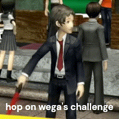a man in a suit and tie with the words hop on wega 's challenge written below him