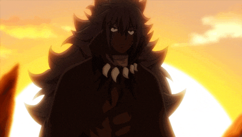 a cartoon character with long hair and a necklace stands in front of the sun