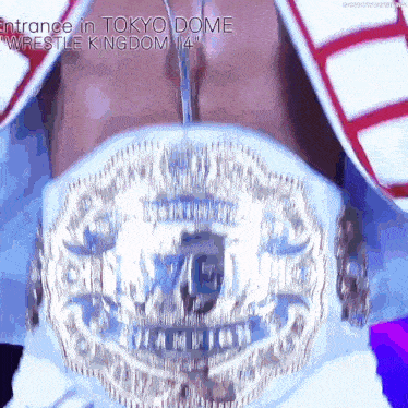 a wrestler is wearing a belt that says entrance in tokyo dome wrestle kingdom 14