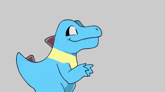 a cartoon drawing of a blue crocodile with a yellow and red collar