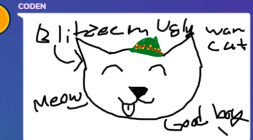 a drawing of an ugly cat with the words meow and good look written on it