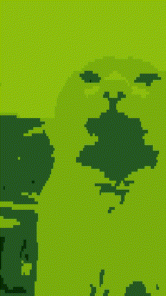 a green pixelated image of a frog on a yellow background