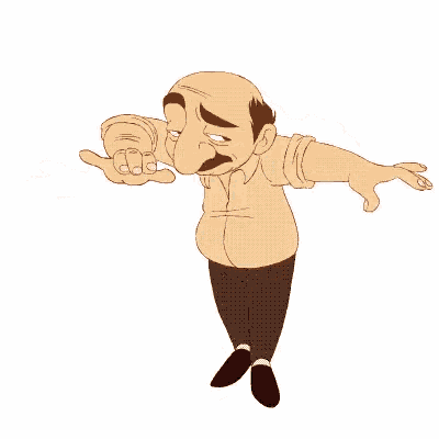 a bald man in a yellow shirt and black pants is pointing at something .