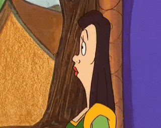 a cartoon of a woman standing next to a tree with her mouth open .