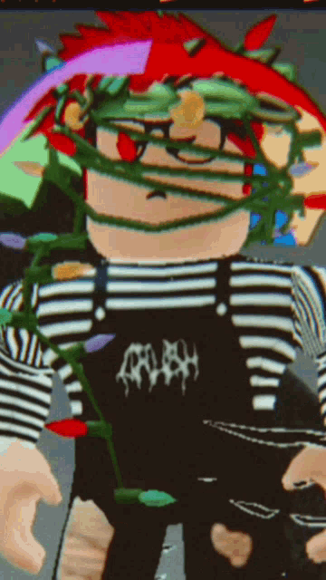 a cartoon character wearing overalls and a striped shirt has a crown of roses on his head