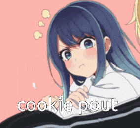 a picture of a girl with the words cookie pout written on it