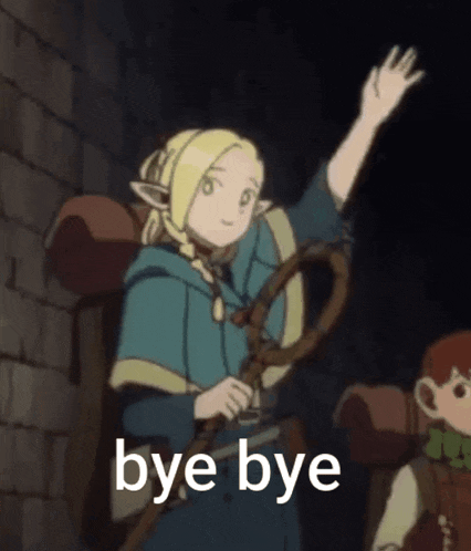 a cartoon character is holding a sword and waving at the camera while saying bye bye .