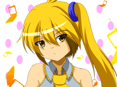 a drawing of a girl with yellow hair and a blue ribbon in her hair