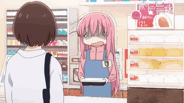 a girl with pink hair is standing in front of a sign that says 121 on it