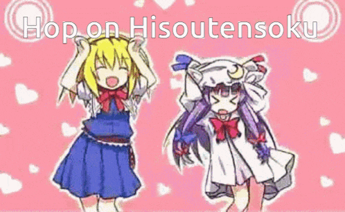 two anime girls are dancing in front of a pink background with the words hop on hisoutensoku .