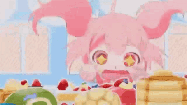 a boy and a girl are standing next to each other in front of a bunch of food .