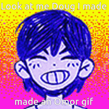 a cartoon of a boy with blue hair is smiling and says look at me doug i made made an omor gif .