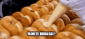 a person is pouring mayonnaise on a bunch of doughnuts and says yamete kudasai !