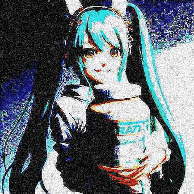 hatsune miku is wearing bunny ears and headphones and holding a bottle .