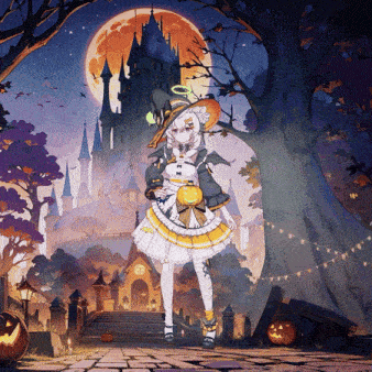 a girl with a pumpkin in her hand is standing in front of a castle