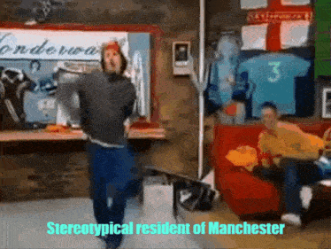 a stereotypical resident of manchester is shown in a video