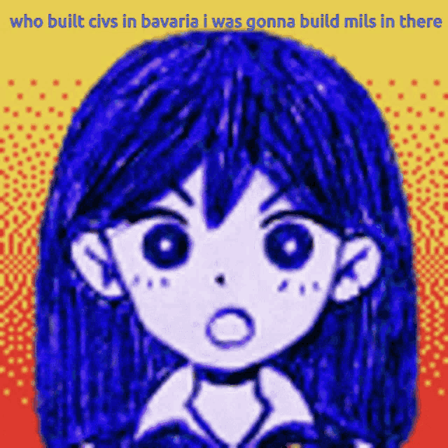 a drawing of a girl with blue hair and the words who built civis in bavaria i was gonna build mils in there
