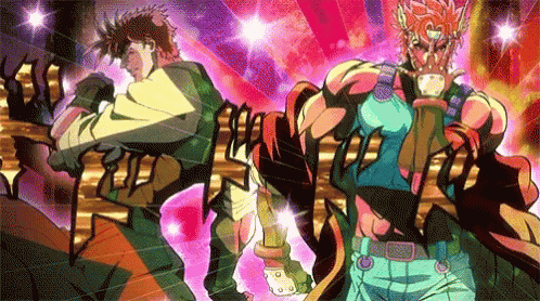 a couple of anime characters are standing next to each other on a pink and purple background .