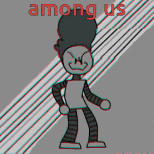 a cartoon character with among us written in red on a gray background