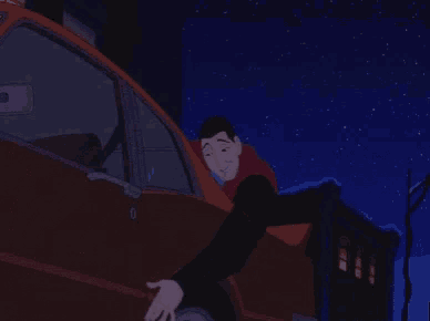 a cartoon man is getting out of a car at night