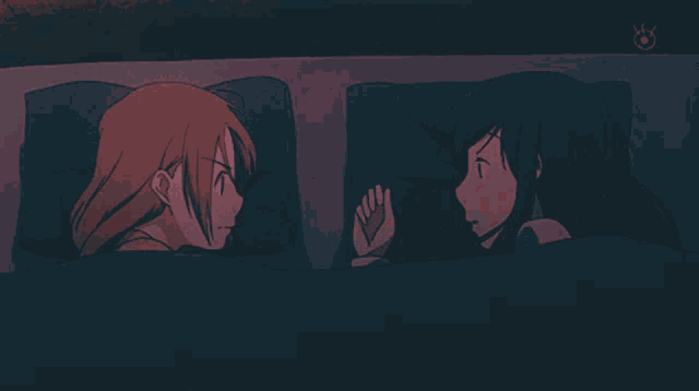 a cartoon of two girls laying under a blanket with a glowing eye above them