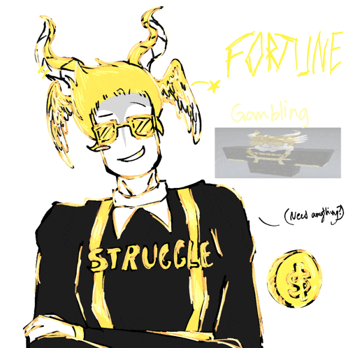 a drawing of a man with horns and the word struggle on his shirt