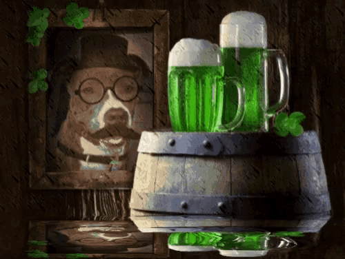 a picture of a dog in a top hat and glasses next to a barrel of beer