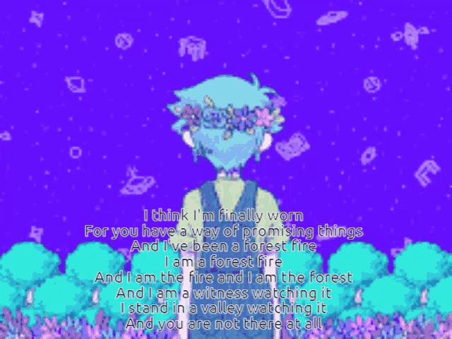 a purple background with a girl with flowers in her hair
