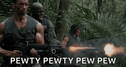 a group of men holding guns with the words pewty pewty pew pew written below them
