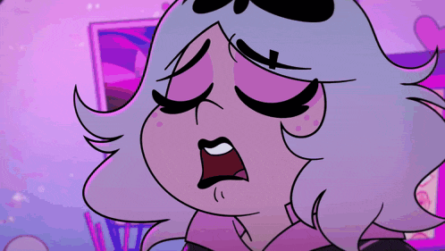 a close up of a cartoon character with purple hair