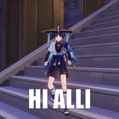 a video game character is standing on a set of stairs with the words hi alli written on it .