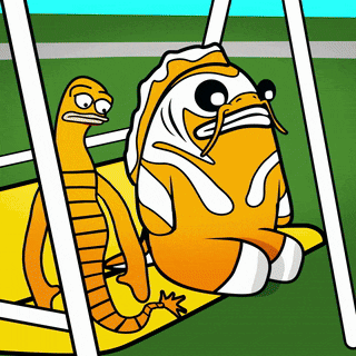 a cartoon of a worm and a fish on a swing set
